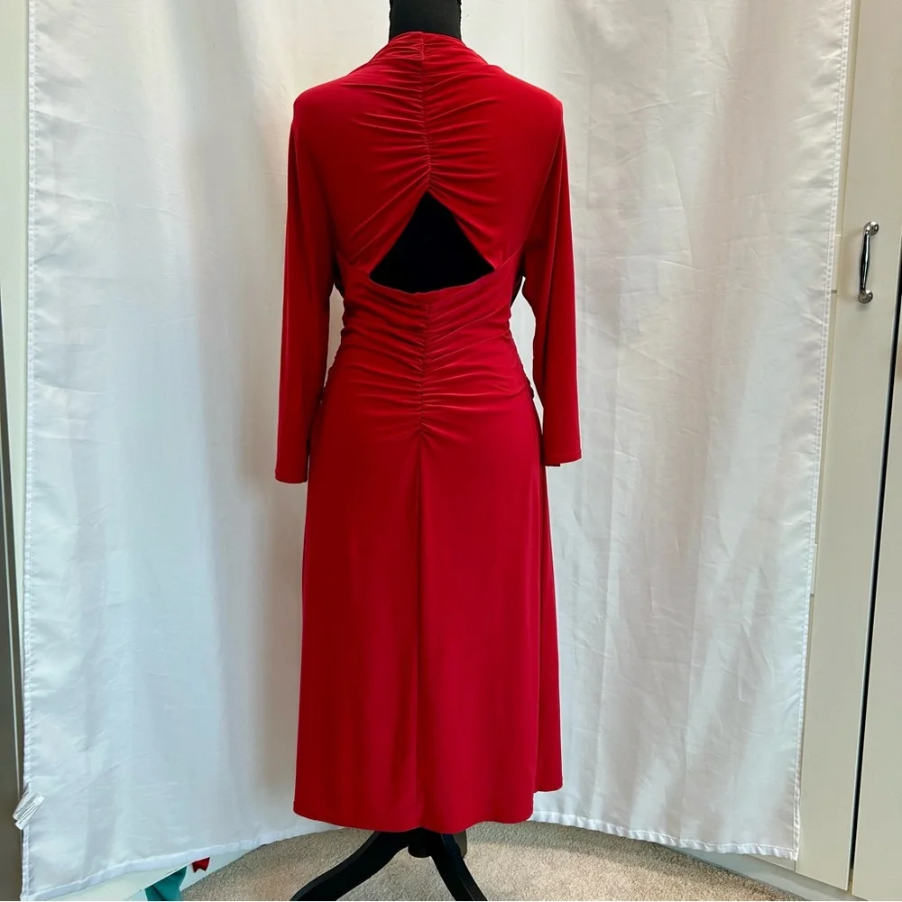 Frank Lyman red CrissCross-Front ruched jersey midi Dress Sz 14 open back - Picture 3 of 12